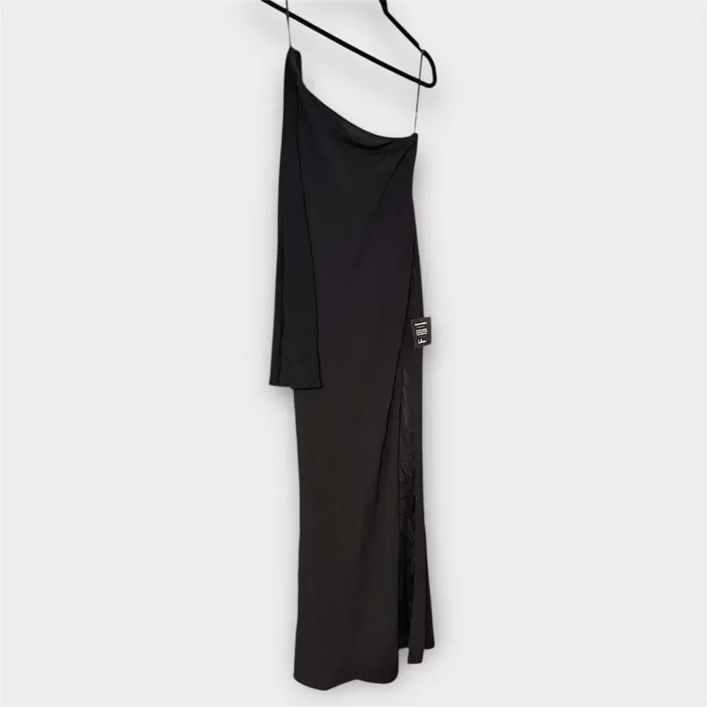 Lulus Majestic Attitude Black Cape Sleeve One-Shoulder Maxi Dress Size L NWT - Picture 5 of 9